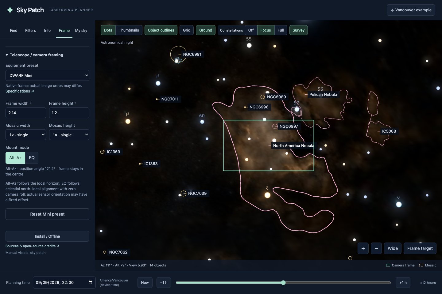 North America Nebula in Sky Patch with telescope framing and object details
